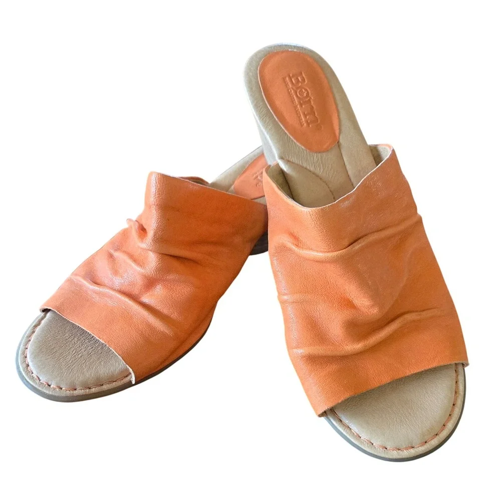Born Boho Chic Orange Leather Ruched Wedge Slide Sandals Mules Women's 10M